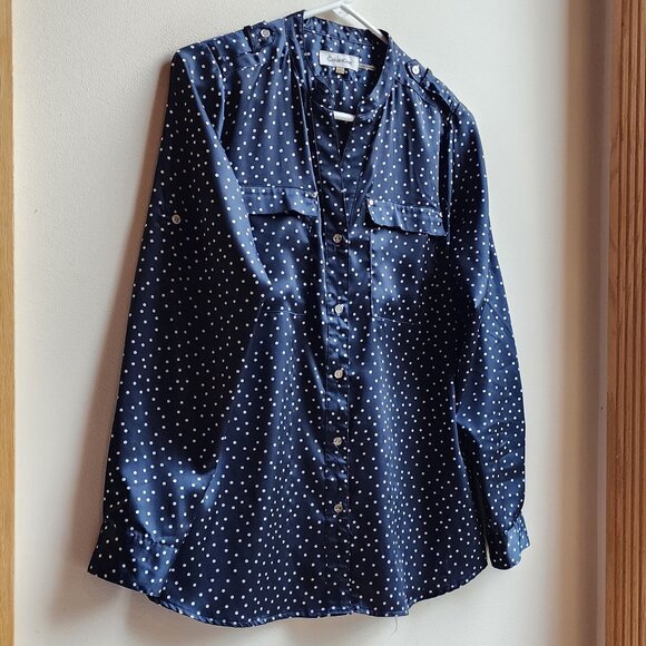 Calvin Klein Navy Polka Dot Button Down Shirt Size Petite Small - Picture 4 of 16